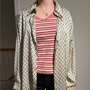 Zara Cream Geometric Longline Button-up Silk Shirt